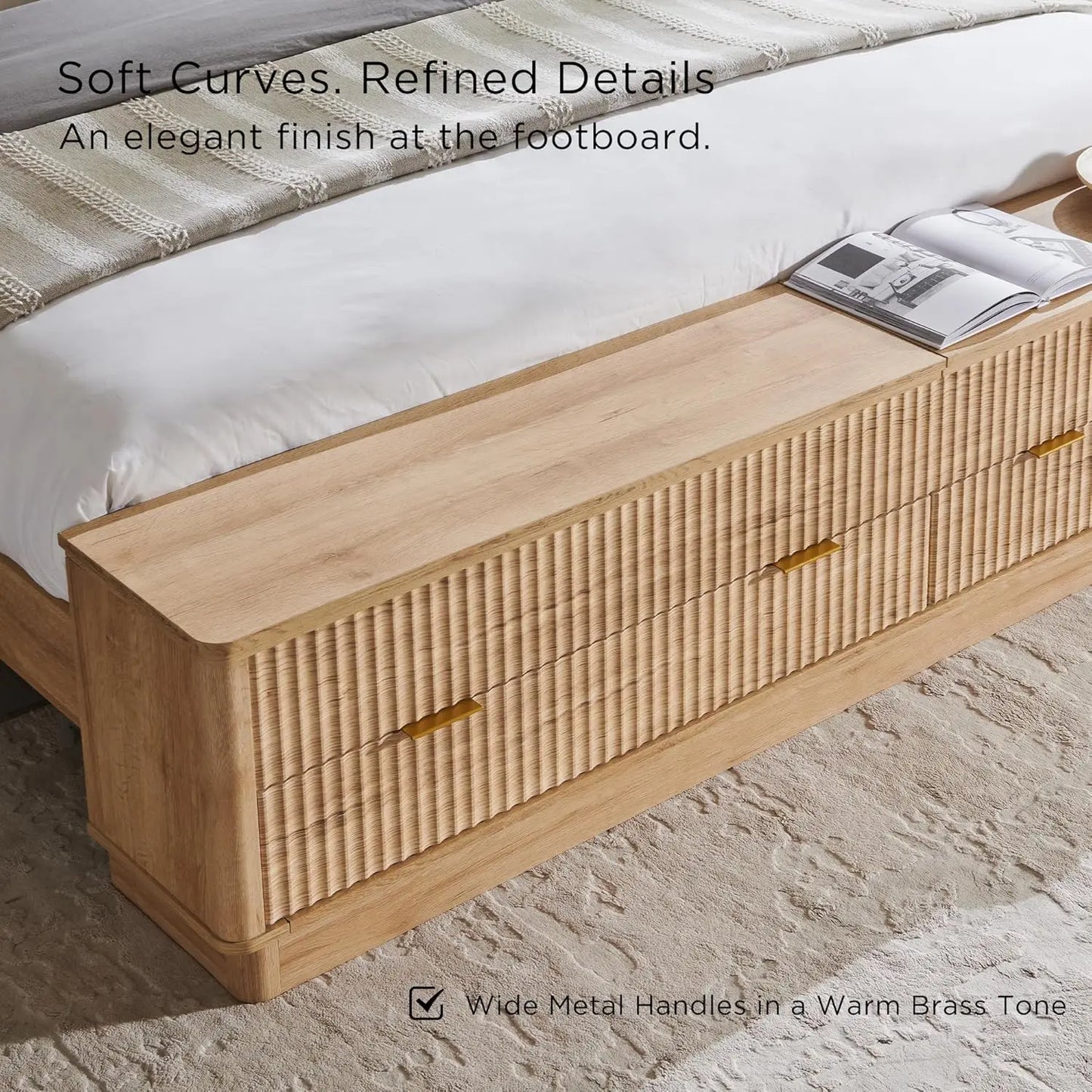 XIAOLANG Fluted King Bed Frame With Wingback Headboard Footboard Storage
