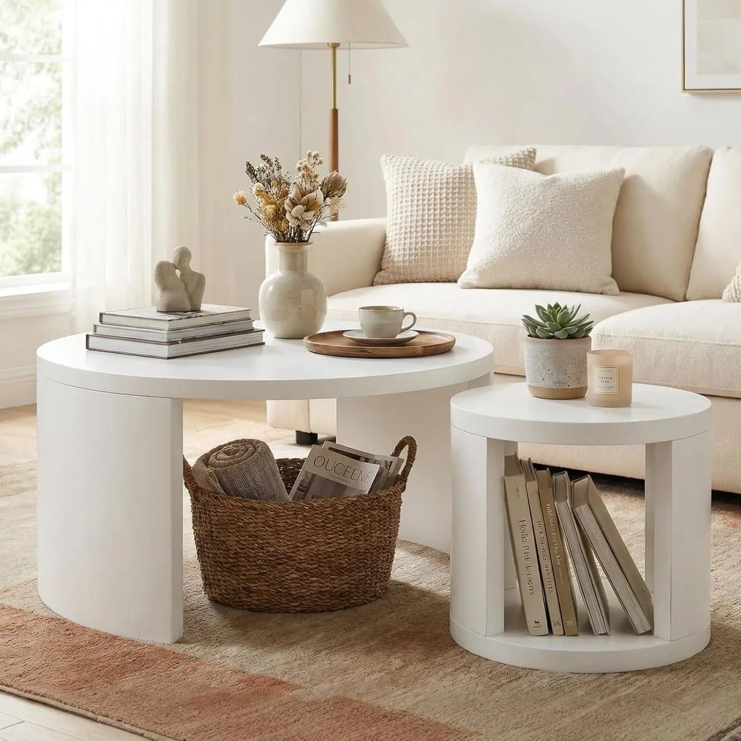 Round Nesting Coffee Tables Set of 2 With Storage Wood