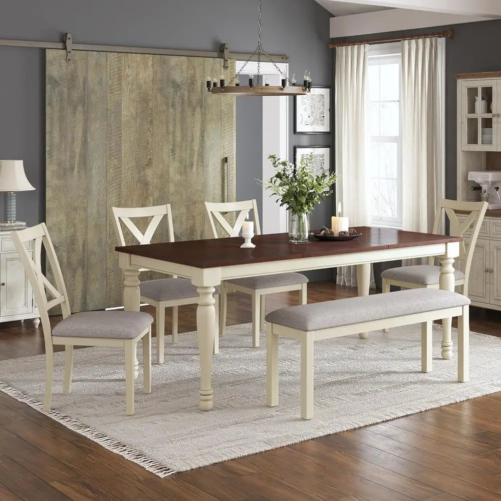 6-Piece armhouse Dining Table Set or 6-7, 71" Solid Wood Kitchen Table and Chairs, 1 Dining Table, 4 Upholstered Chairs and 1 Be