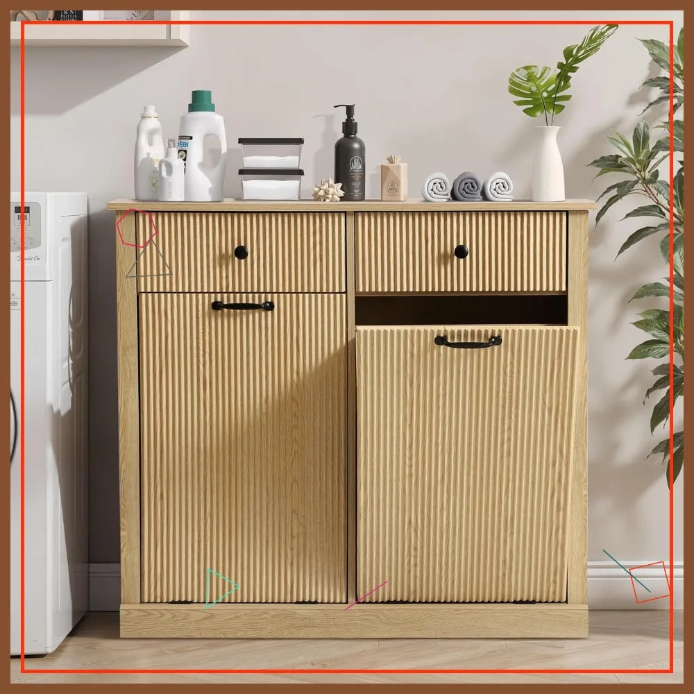 Double Tilt Out Laundry Basket Cabinet With Drawer Wood Storage
