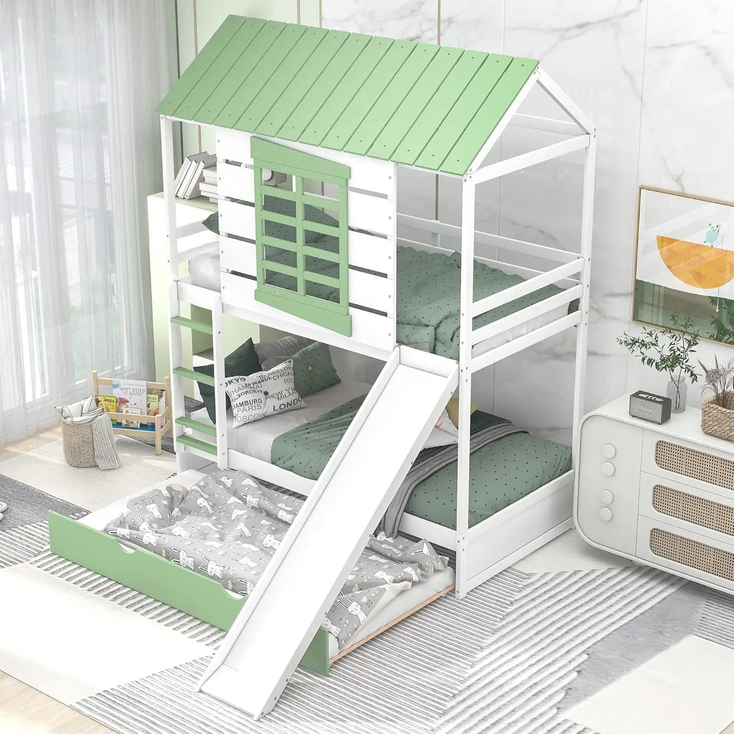 Twin Over Twin Bunk Bed With Slide Trundle Playhouse