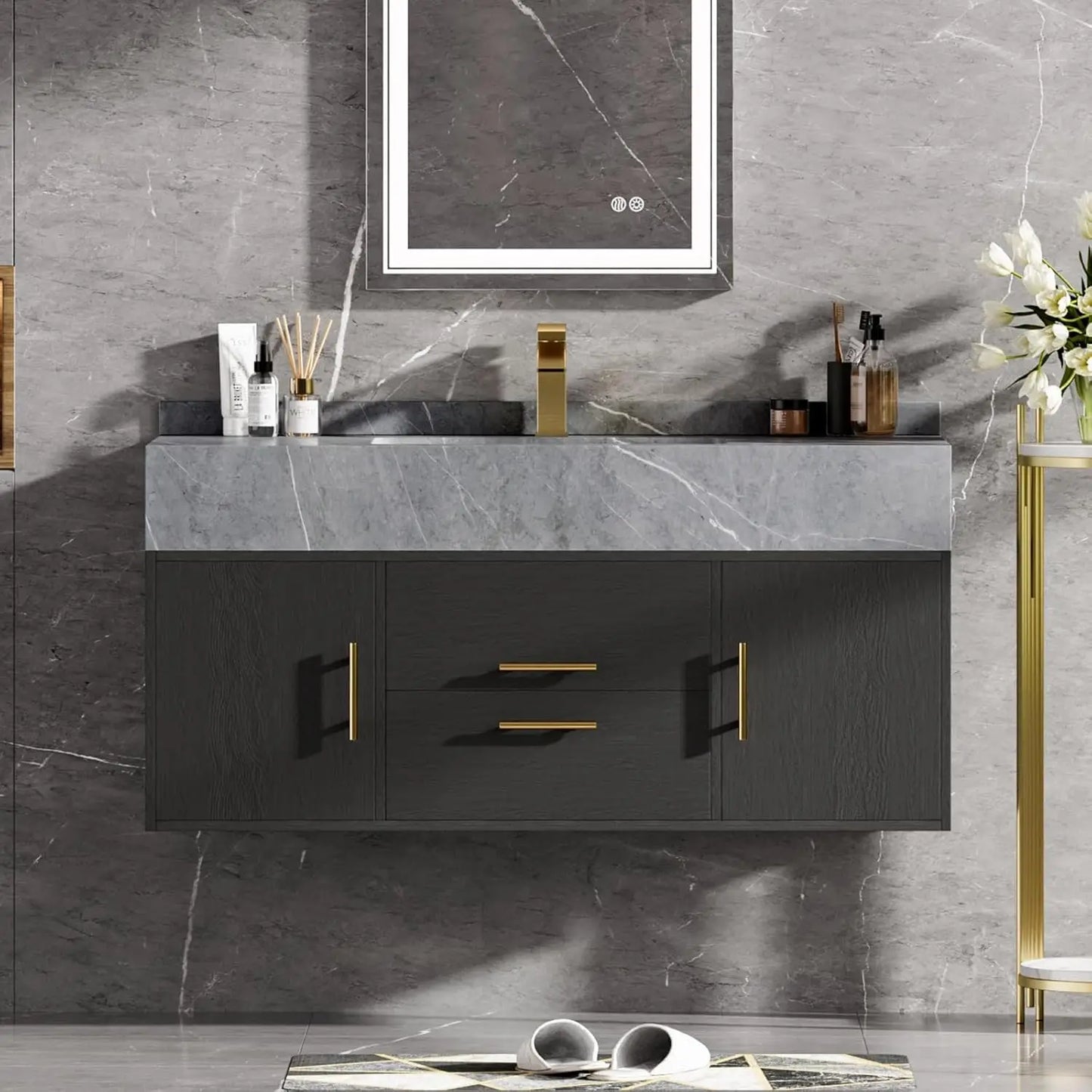 39.4" Floating Bathroom Vanity Sintered Stone Top 2 Drawer Cabinet Undermount Ceramic Sink Walnut Customized