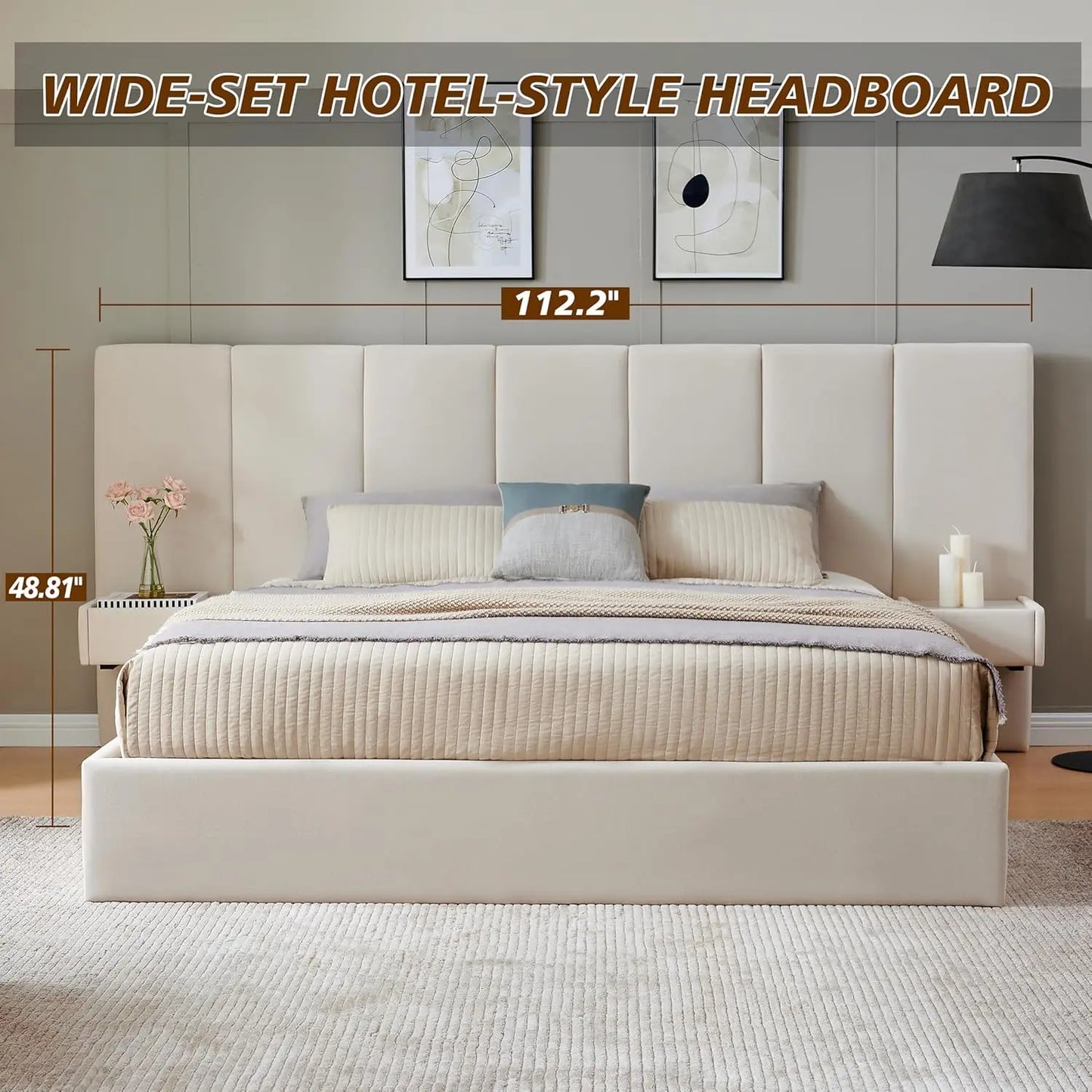 King Upholstered Platform Bed With Lift-Up Storage Velvet Headboard