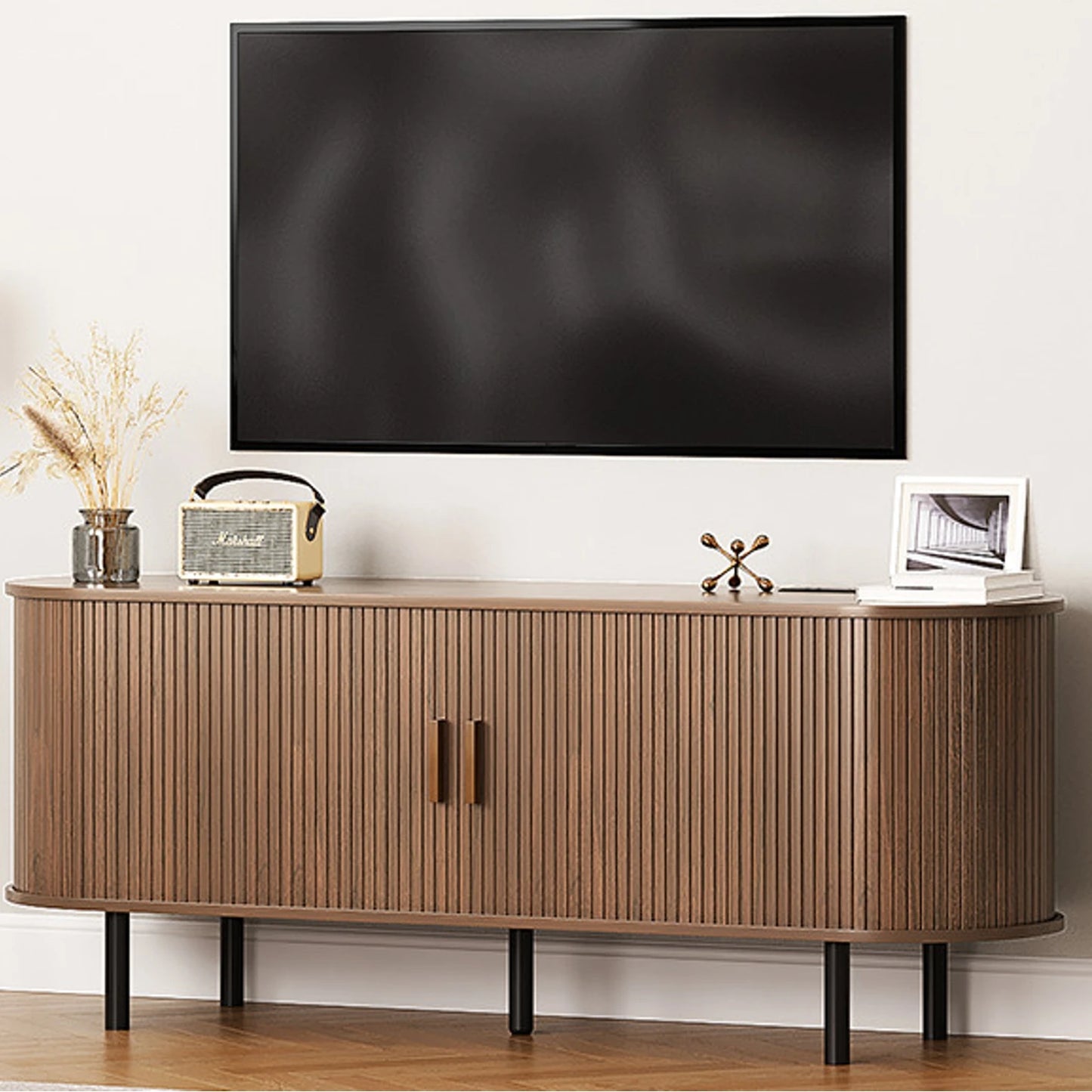 ONBRILL TV Stand With Power Outlet And Sliding Doors Storage