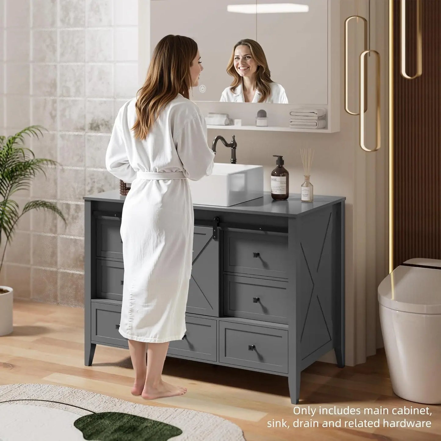 Ceramic Sink Bathroom Vanity With Freestanding Farmhouse Sliding Barn Door