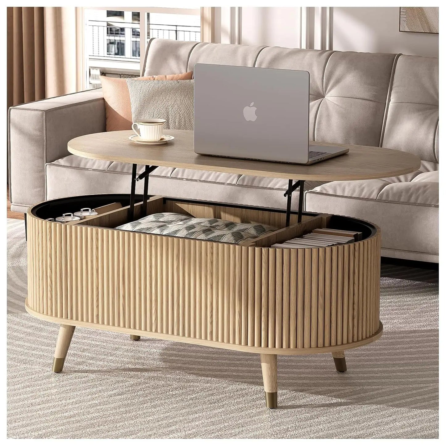 Round Coffee Table With Hidden Storage Walnut Wood Drum Table