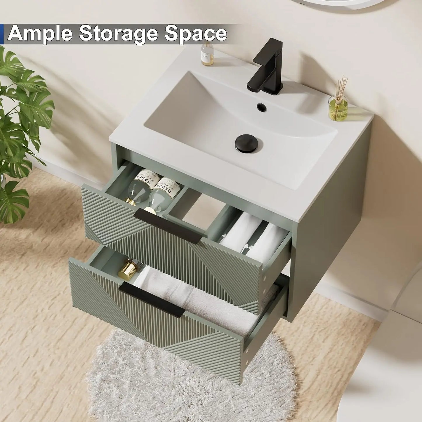 24" Floating Bathroom Vanity with Sink Combo, Modern Wall Mounted Floating Cabinet with 2 Large Soft-Close Drawers, Customized