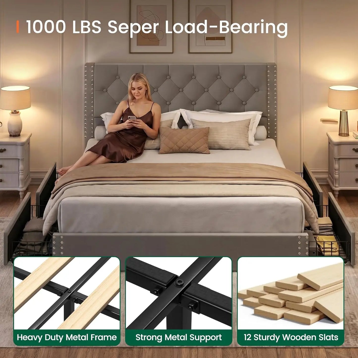 Queen Size Bed Frame Upholstered Platform Bed with 4 Storage Drawers and Tufted Headboard Bed Frame with Heavy Duty, Customized