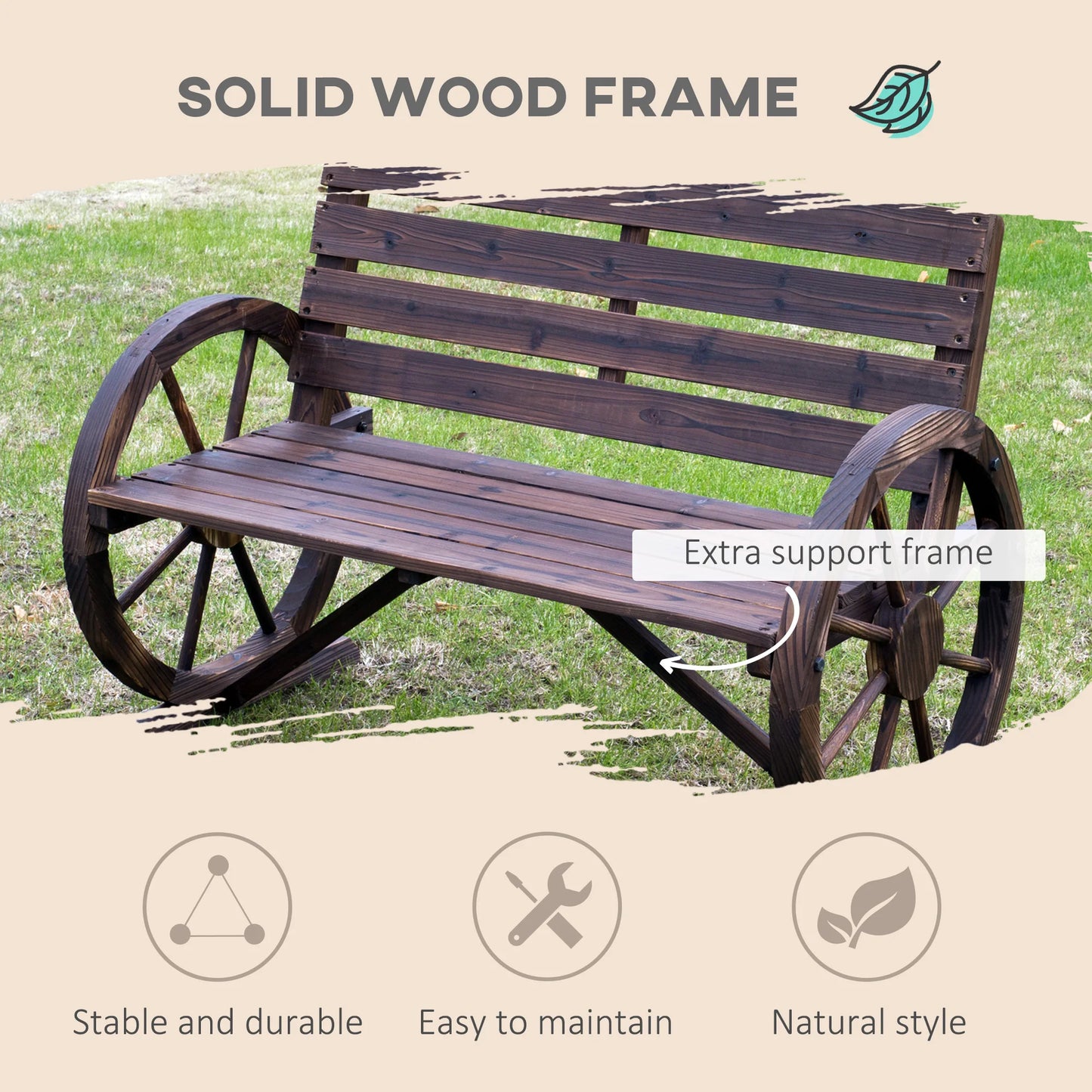 Outsunny Wagon Wheel Bench Wood Outdoor Garden Loveseat Chair Carbonized