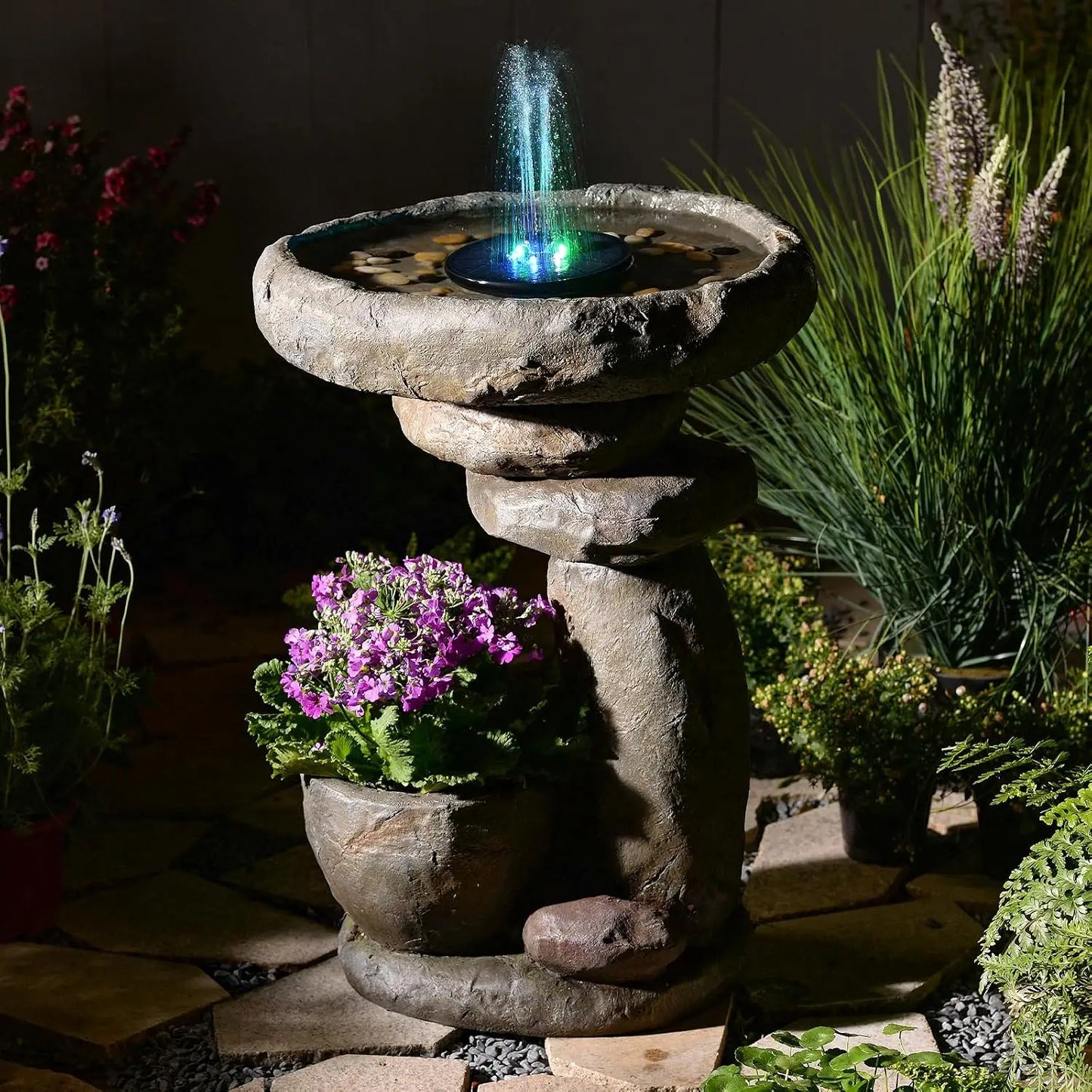 Solar Bird Bath Fountain With LED Waterfall And Planter Feature