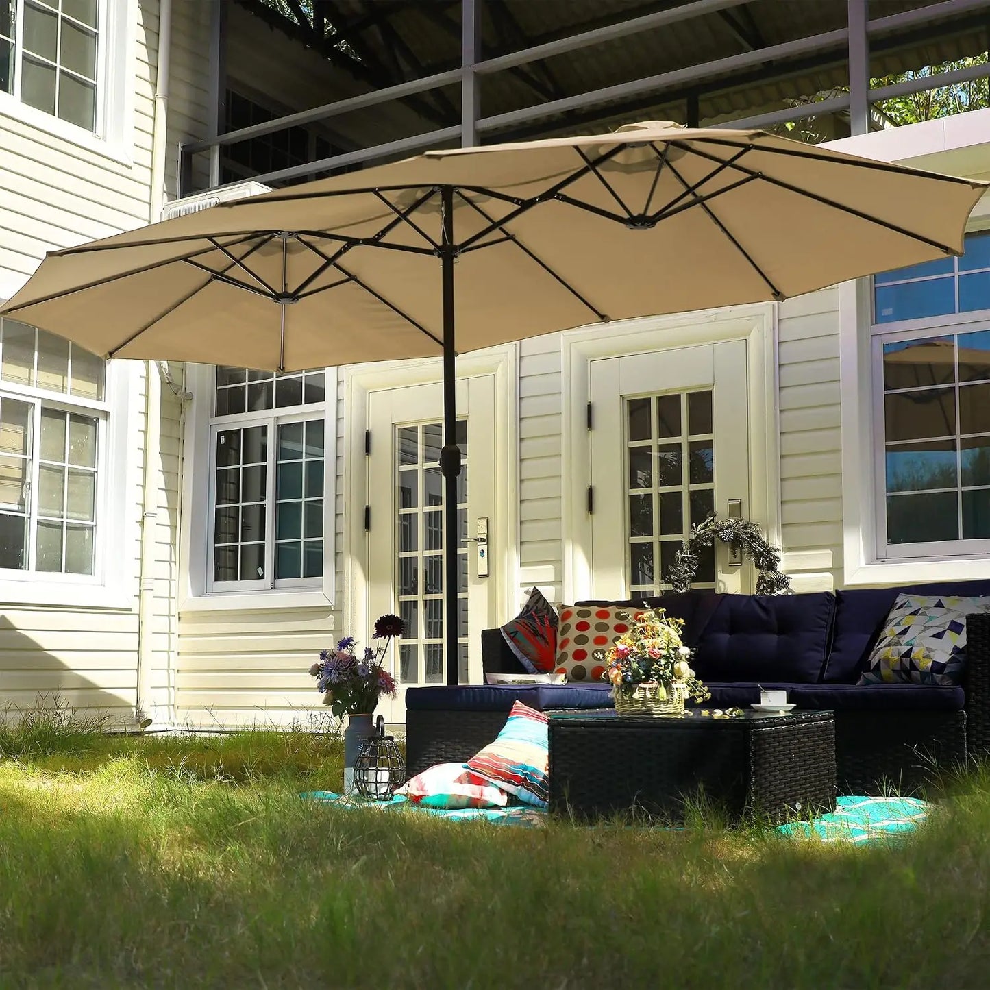 15' Double-Sided Rectangular Large Market Patio Umbrella with Base Included, Customized
