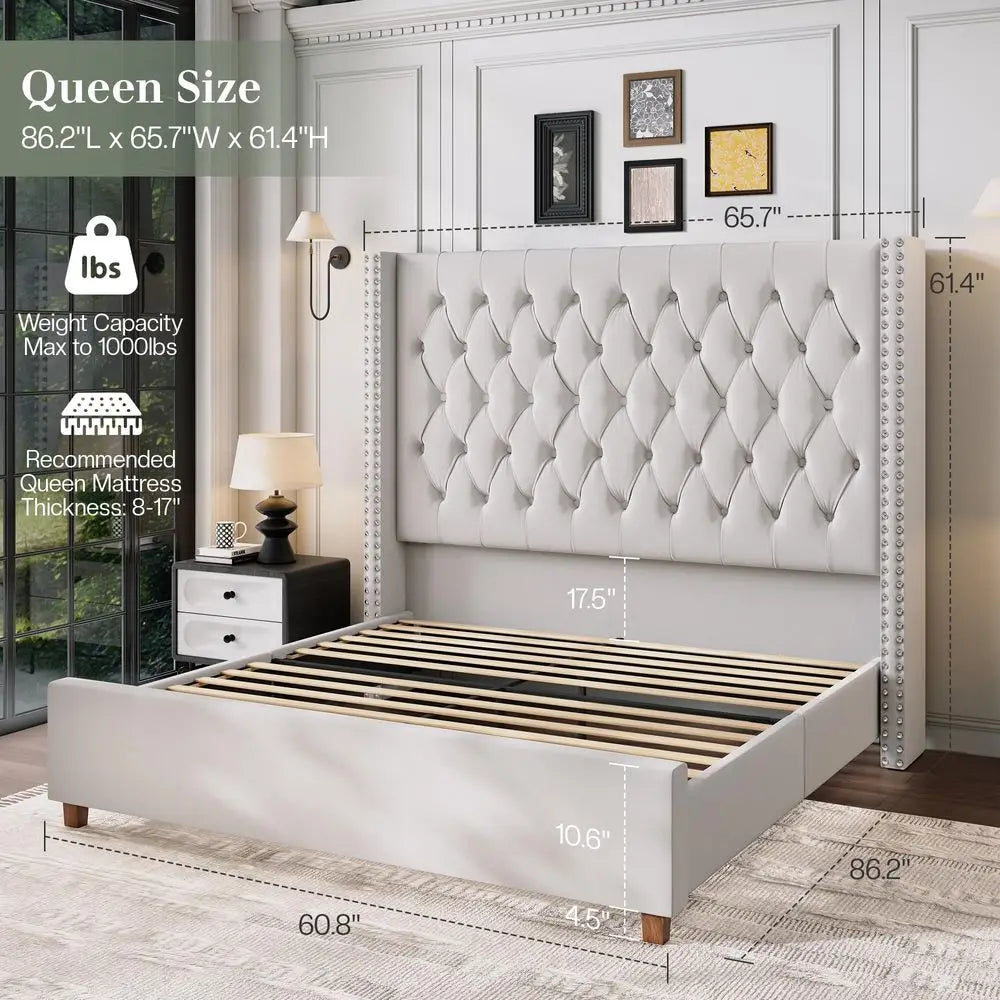 King Size Bed Frame with LED Lights and Charging Station Linen Upholstered Platform Bed Frame with 51.2 Tall Wingback Headboard