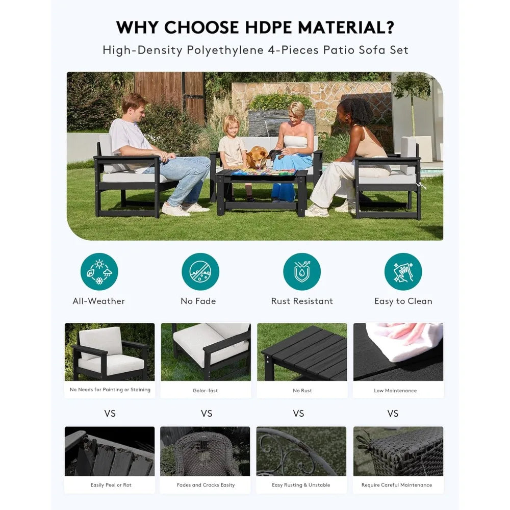 HDPE Outdoor 4-Piece Sofa Set With Cushions For All Weather