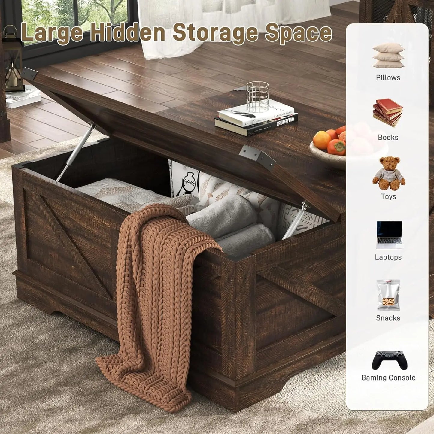 40" Farmhouse Lift Top Coffee Table, Power Outlets & Large Hidden Storage, Square Wood Living Room Table, Custom