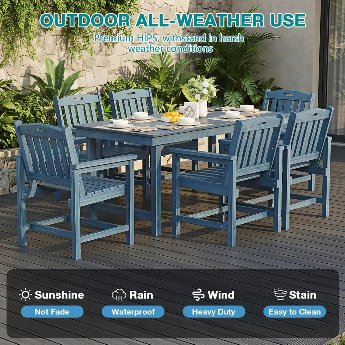 7pc HIPS Outdoor Dining Set 66.9in Table Umbrella Hole 440lb 6 Wide Chairs Galvanized Steel Navy Blue Customized The Pet & Home Store