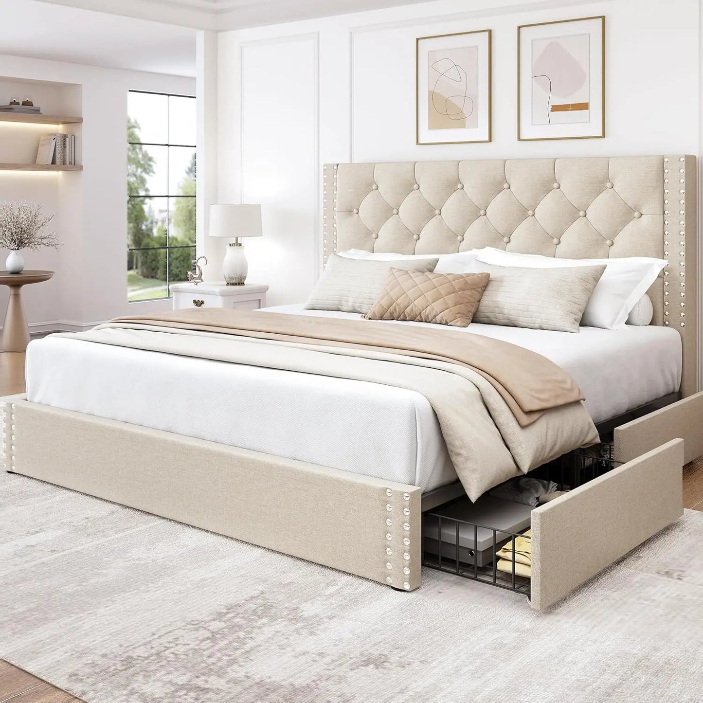Queen Size Bed Frame Upholstered Platform Bed with 4 Storage Drawers and Tufted Headboard Bed Frame with Heavy Duty, Customized