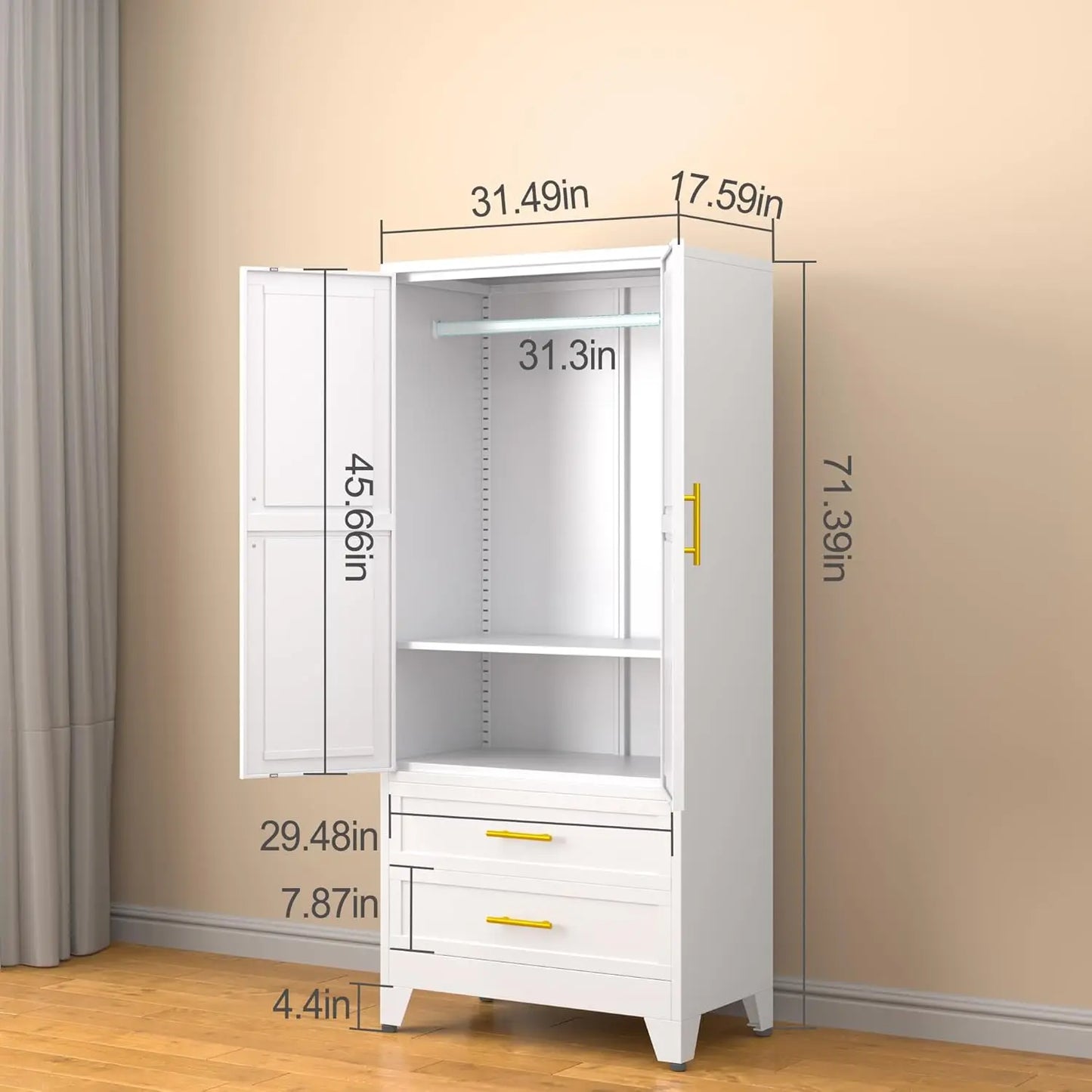 Metal Armoire Wardrobe Closet, 71 "Metal Clothing Storage Cabinet with Adjustable Shelves and Hanging Rod, Household, Custom