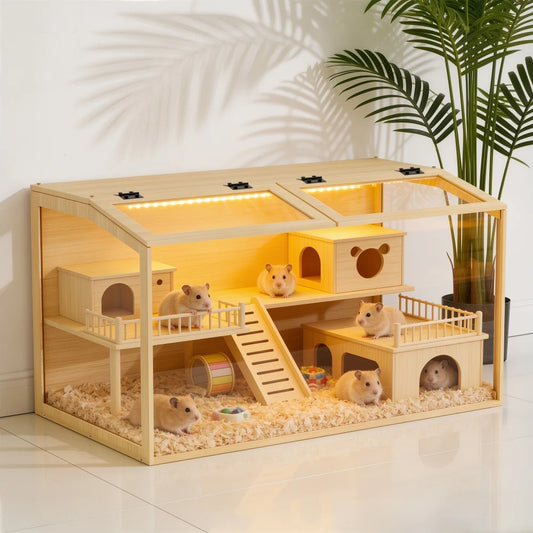 Large Wooden Hamster Cage Clear Tempered Glass Pet Small Animal Habitat Cage Playful House Built-in LED Light with Openable Roof
