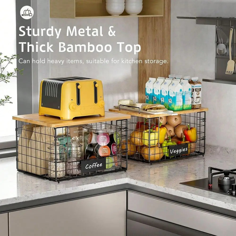 Stackable Wire Baskets With Bamboo Top For Pantry Storage