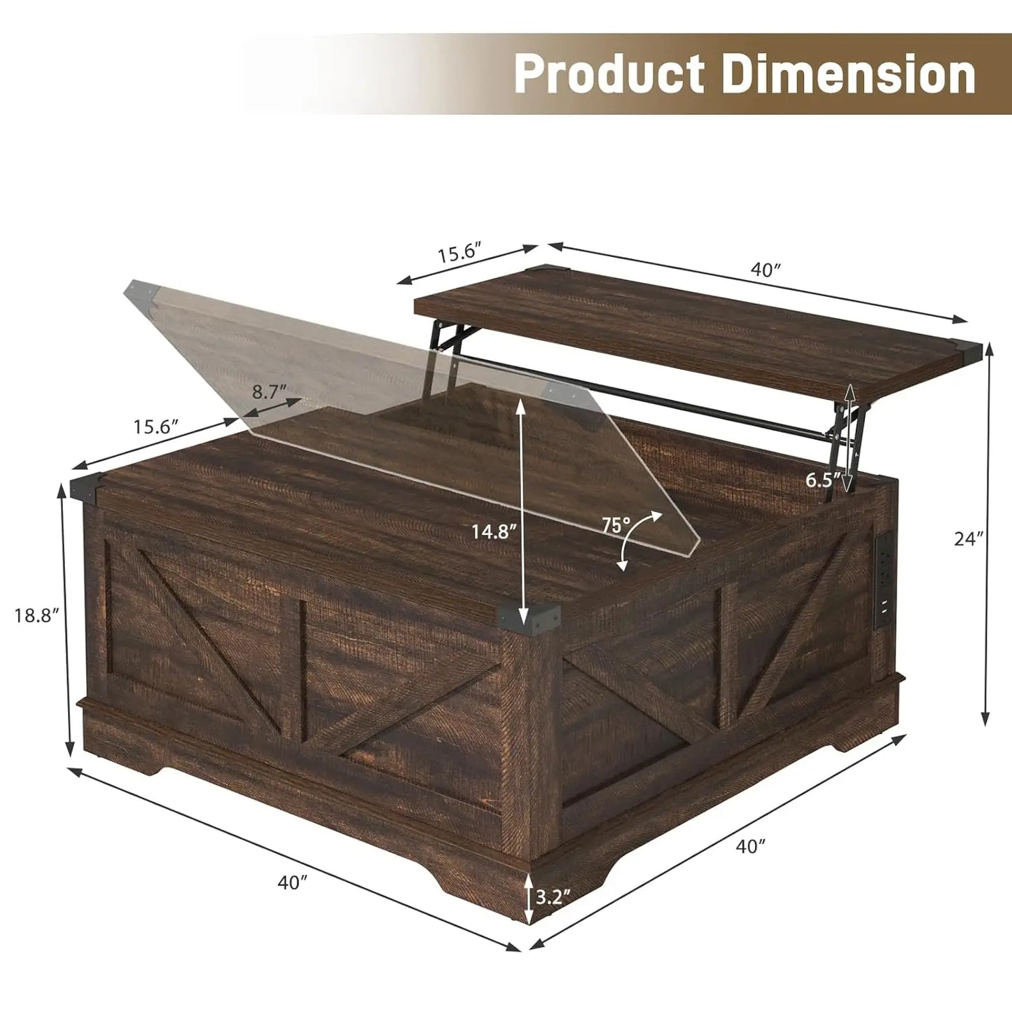 40" Farmhouse Lift Top Coffee Table, Power Outlets & Large Hidden Storage, Square Wood Living Room Table, Custom