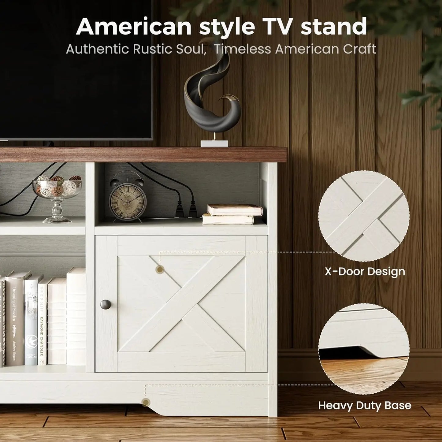 Farmhouse TV Stand with Power Outlet LED Light Storage Cabinets for Living Room Bedroom White, Customized
