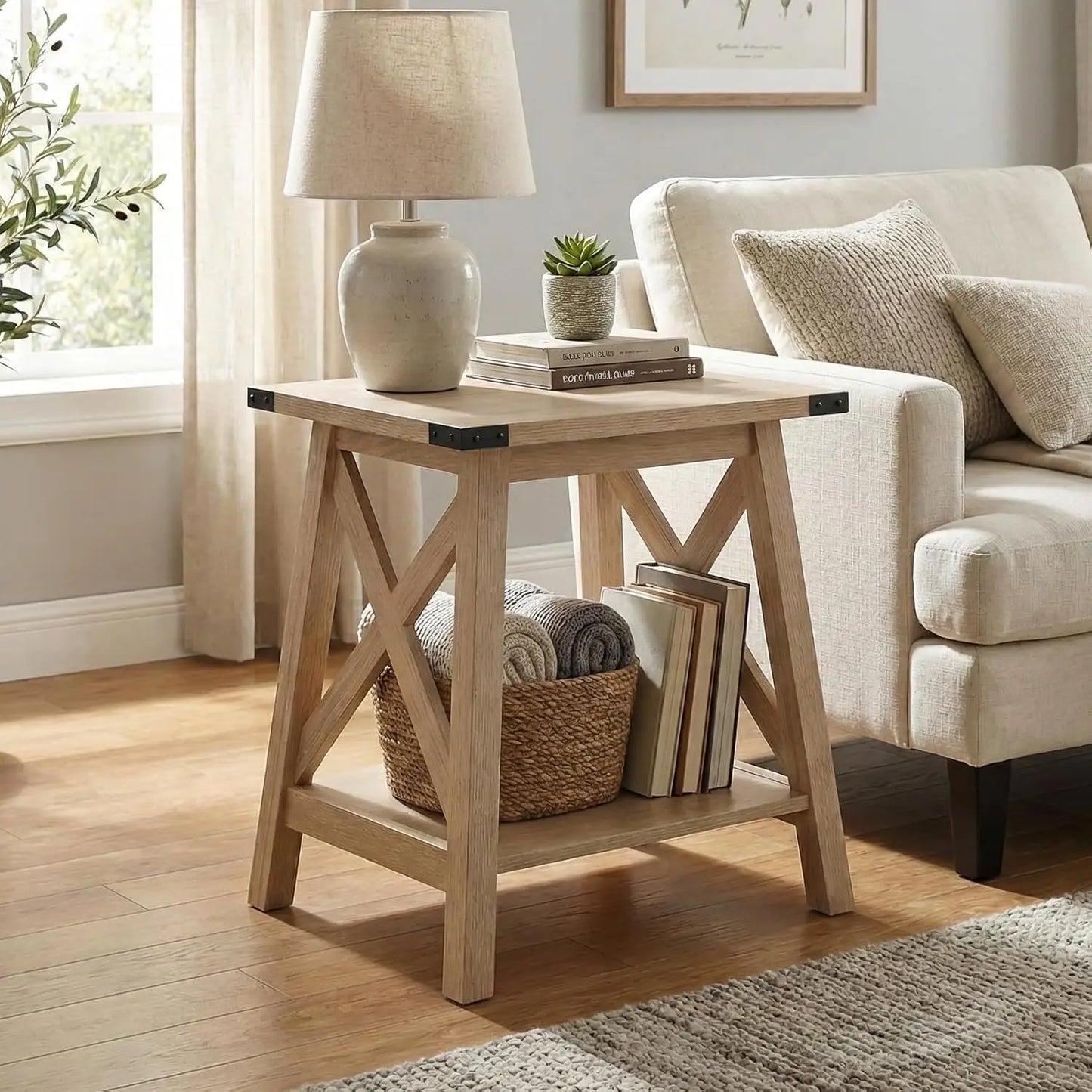 End Table For Living Room Wood Nightstand With Two-Tier Storage