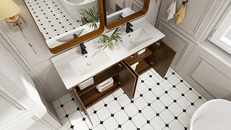 Modern Herringbone Patterned Wooden Bathroom Vanity Cabinet With Double Sink