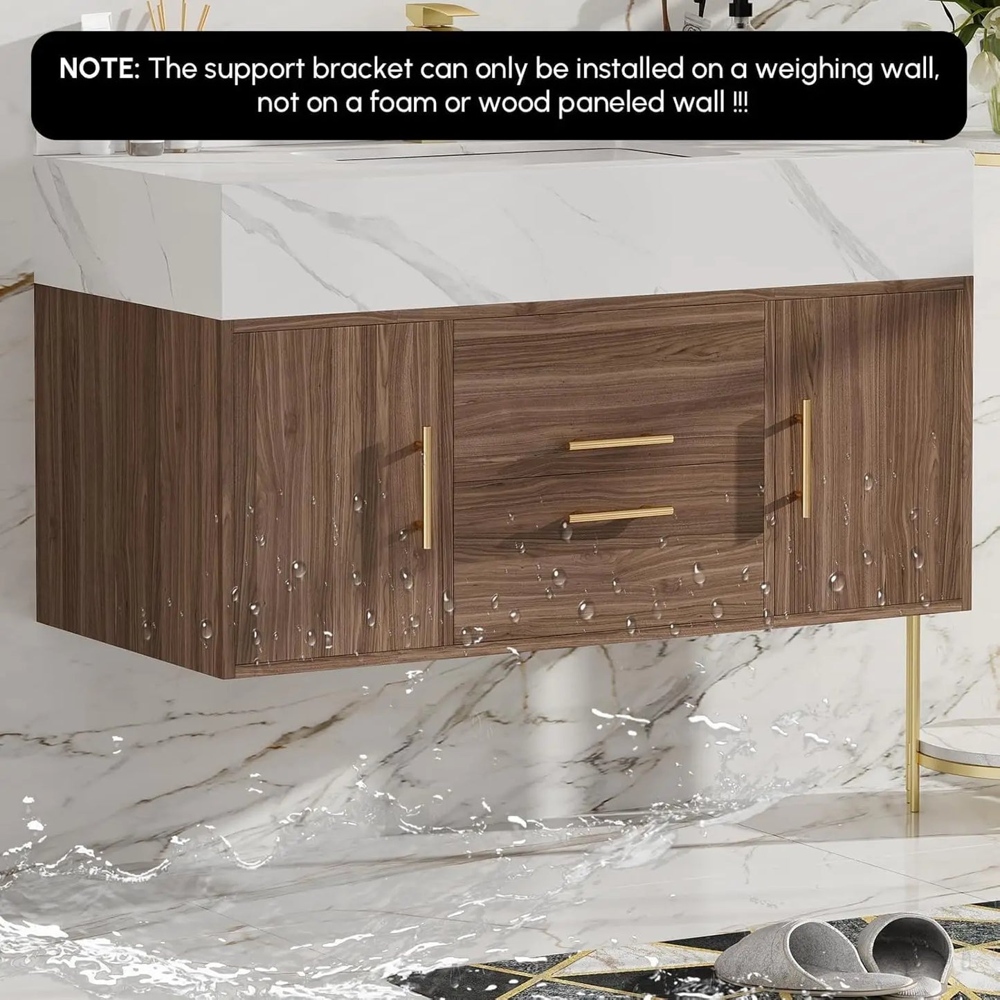 39.4" Floating Bathroom Vanity Sintered Stone Top 2 Drawer Cabinet Undermount Ceramic Sink Walnut Customized