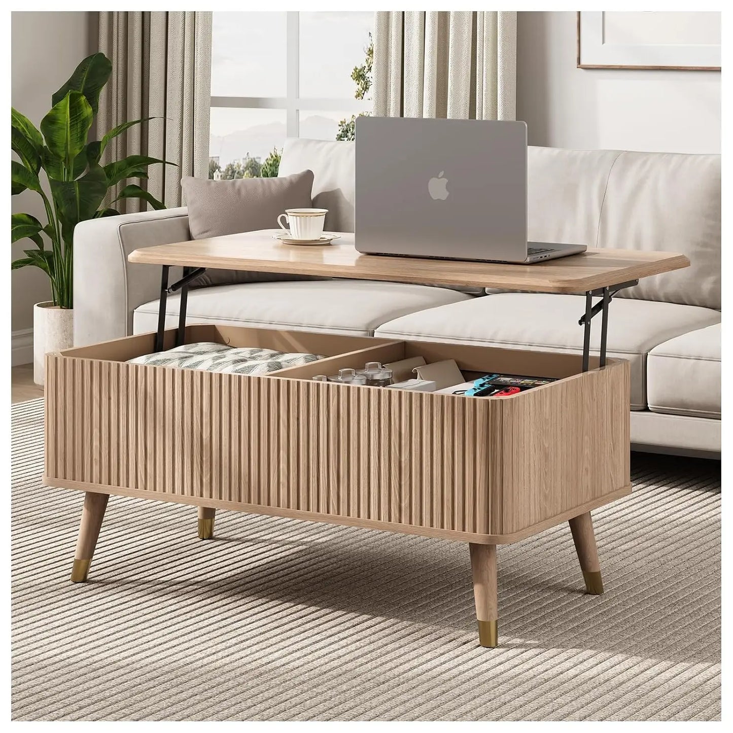 Round Coffee Table With Hidden Storage Walnut Wood Drum Table