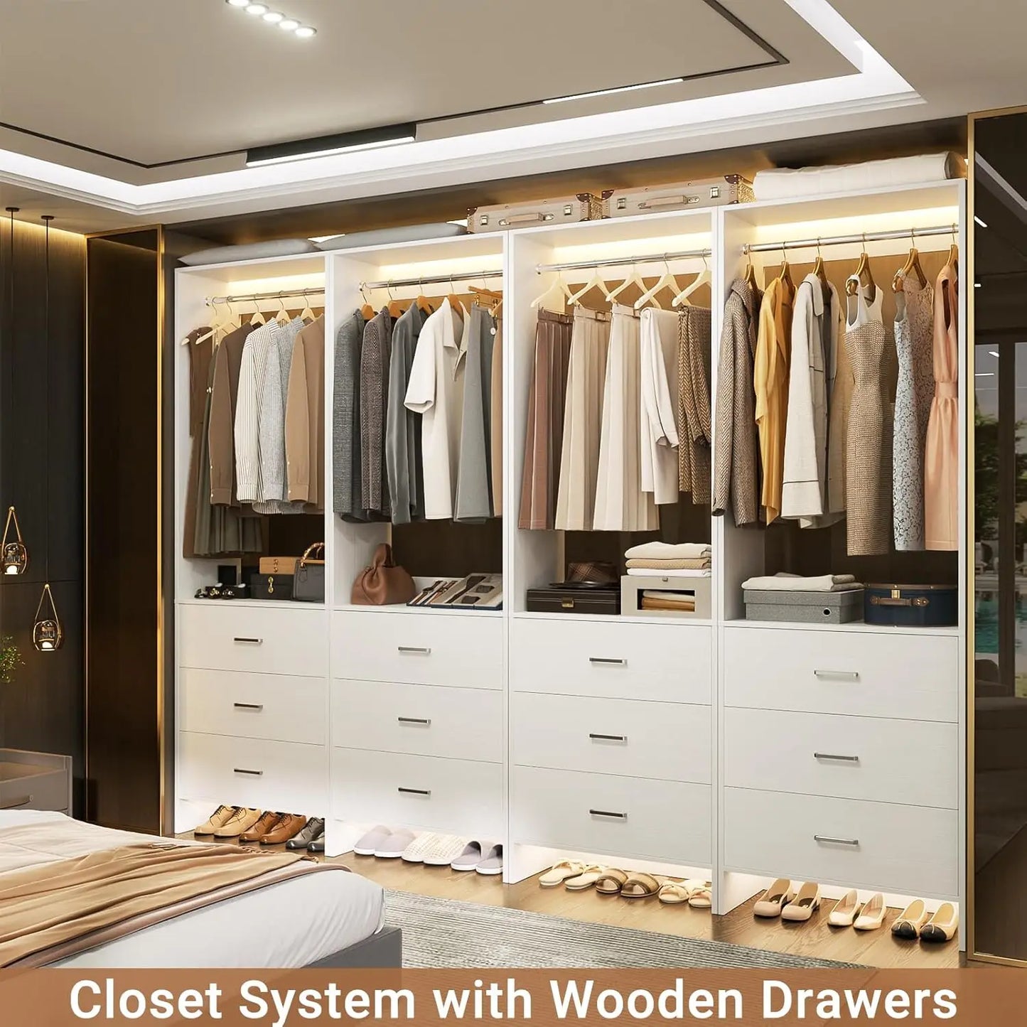 Wood Closet Organizer System With Hanging Rods For Walk In Wardrobe Set Of 4