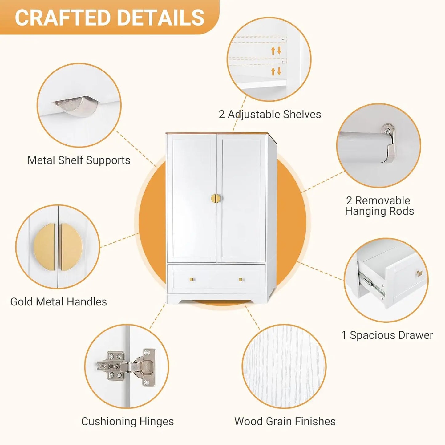 38" Wide Wardrobe Closet, White Armoire Wardrobe with Hanging Rod, Shelves and Drawer, Freestanding Closet Armoire, Custom