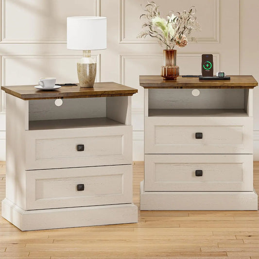 Farmhouse Nightstand Set of 2 with Charging Station & 2-Drawer Storage, Antique White for Bedroom, Custom
