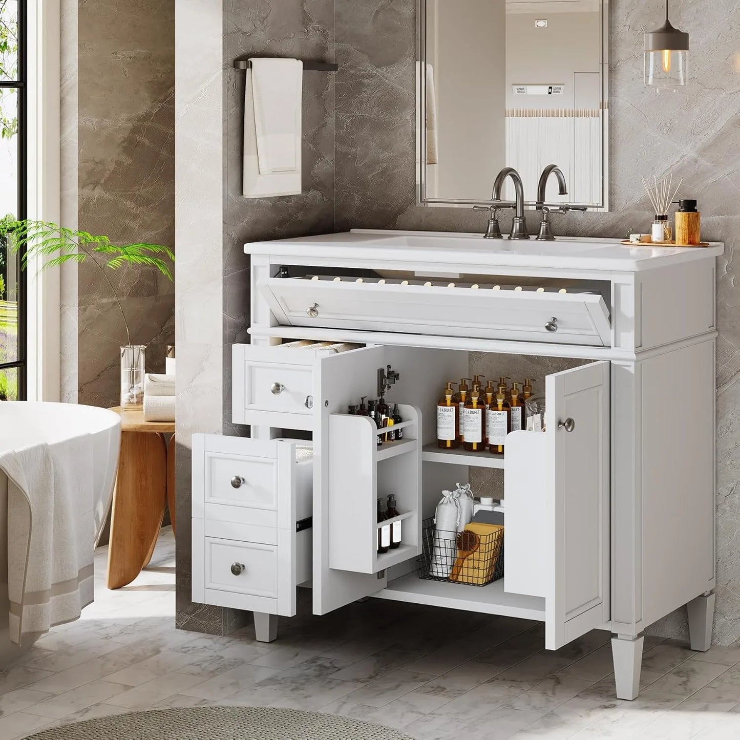Bathroom Vanity With Sink Cabinet, 4 Drawers, 2 Doors