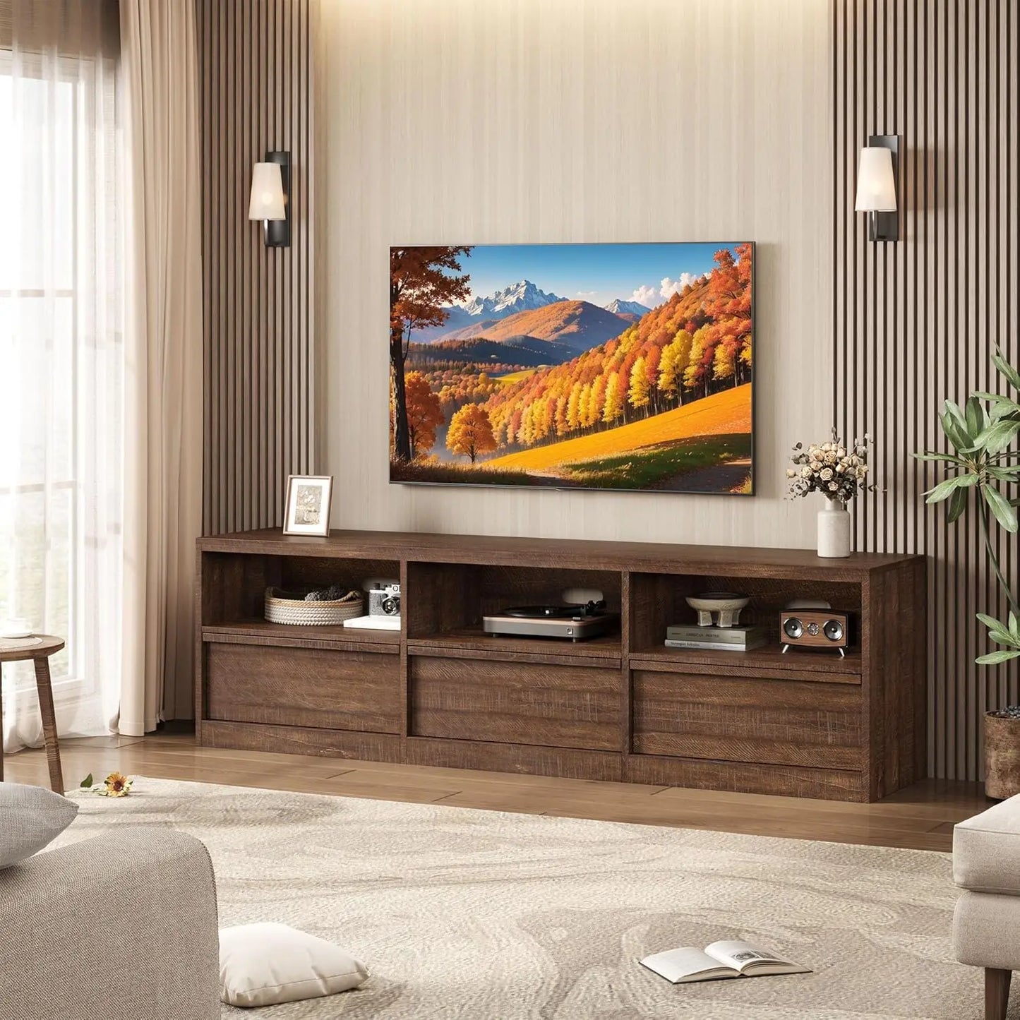 Modern TV Stand with Storage for TVs Up to 85",70 inch Media Console with Drawer & Open Shelves Mid Century Entertainment Center