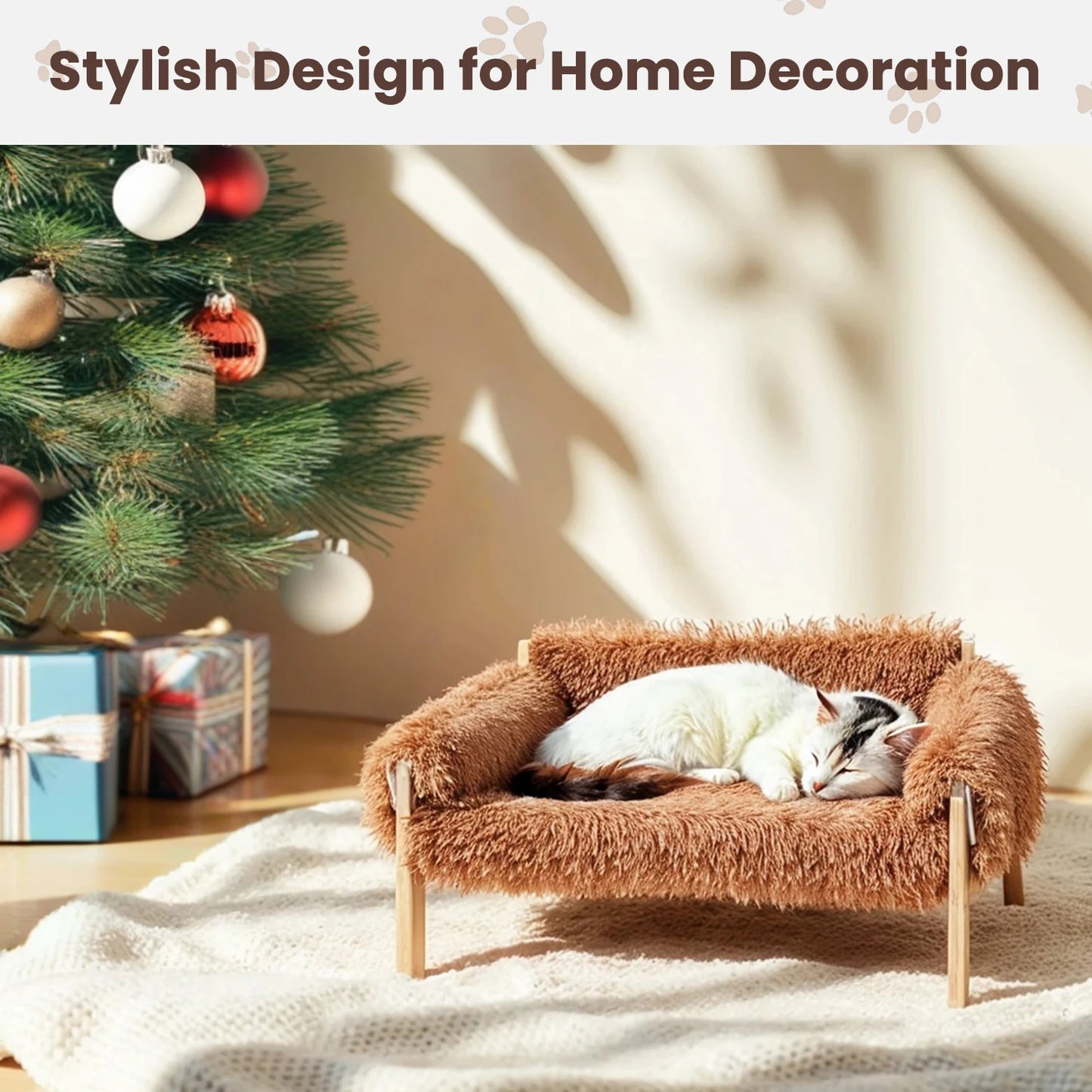 Wooden Raised Cat Bed With Plush Sofa For Indoor Cats