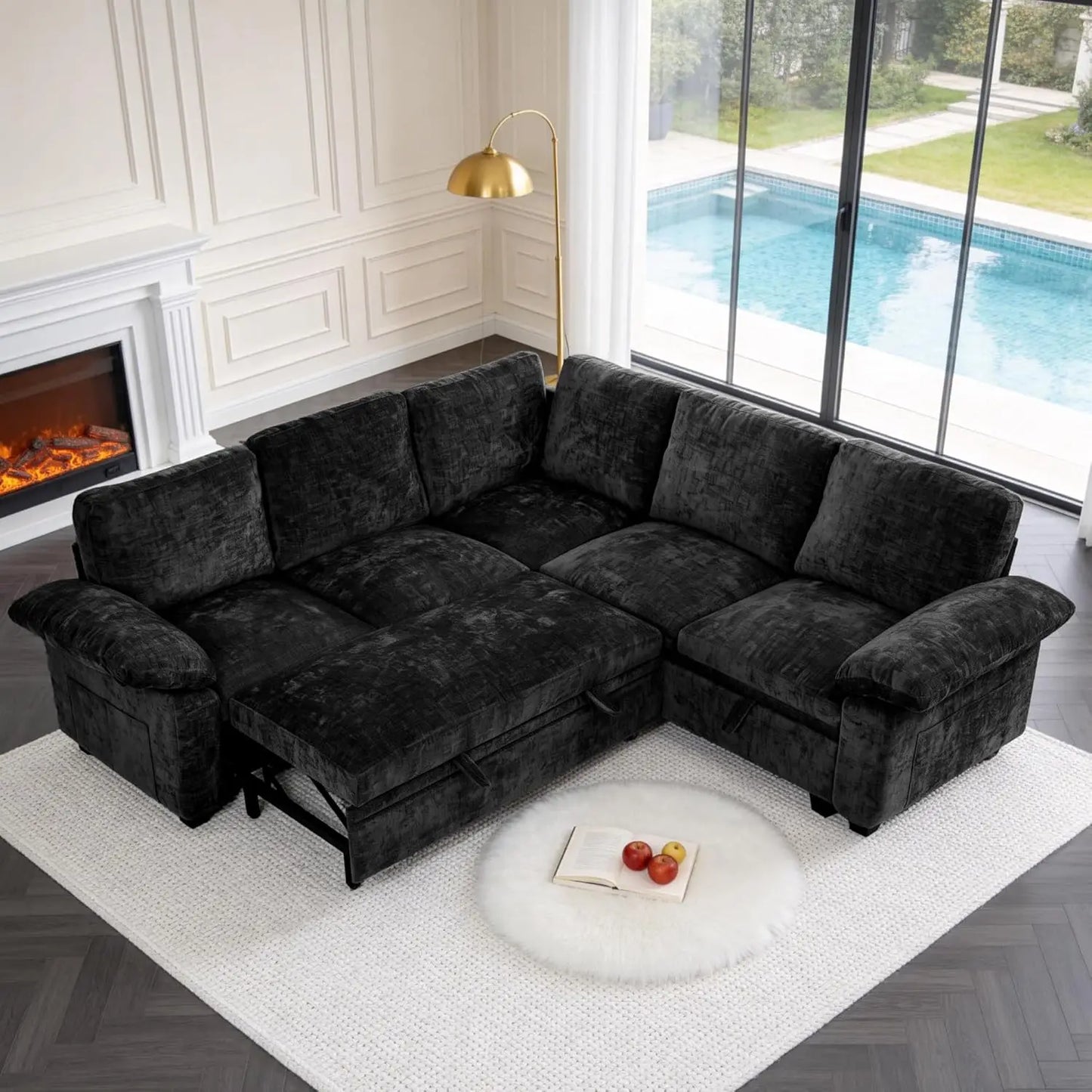 86 Inch Sectional Sleeper L Shaped Sofa with Pull Out Bed, Modular Sectional Sofa with Storage, Modern Chenille 5, Customized