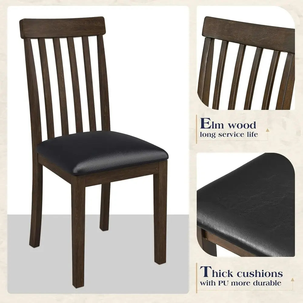7-Piece Solid Wood Dining Table Set, 71" aux Marble Kitchen Table with 6 Chairs, Curved Backrests & PU Cushioned Seats, Perect o