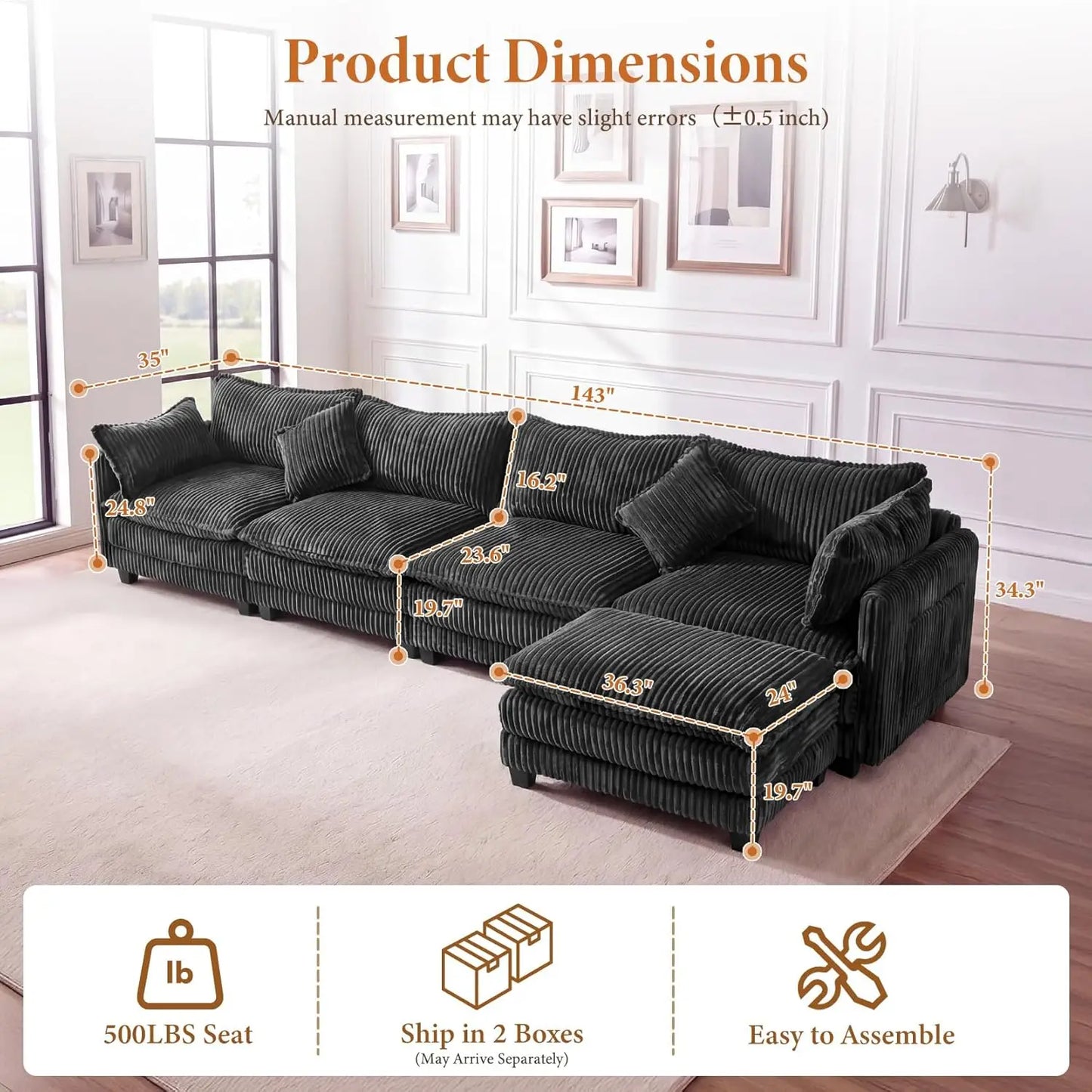 L Shape Modular Sectional Sofa Corduroy Cloud Living Room 3 Seat Ottoman Pillows Dark Grey, Custom