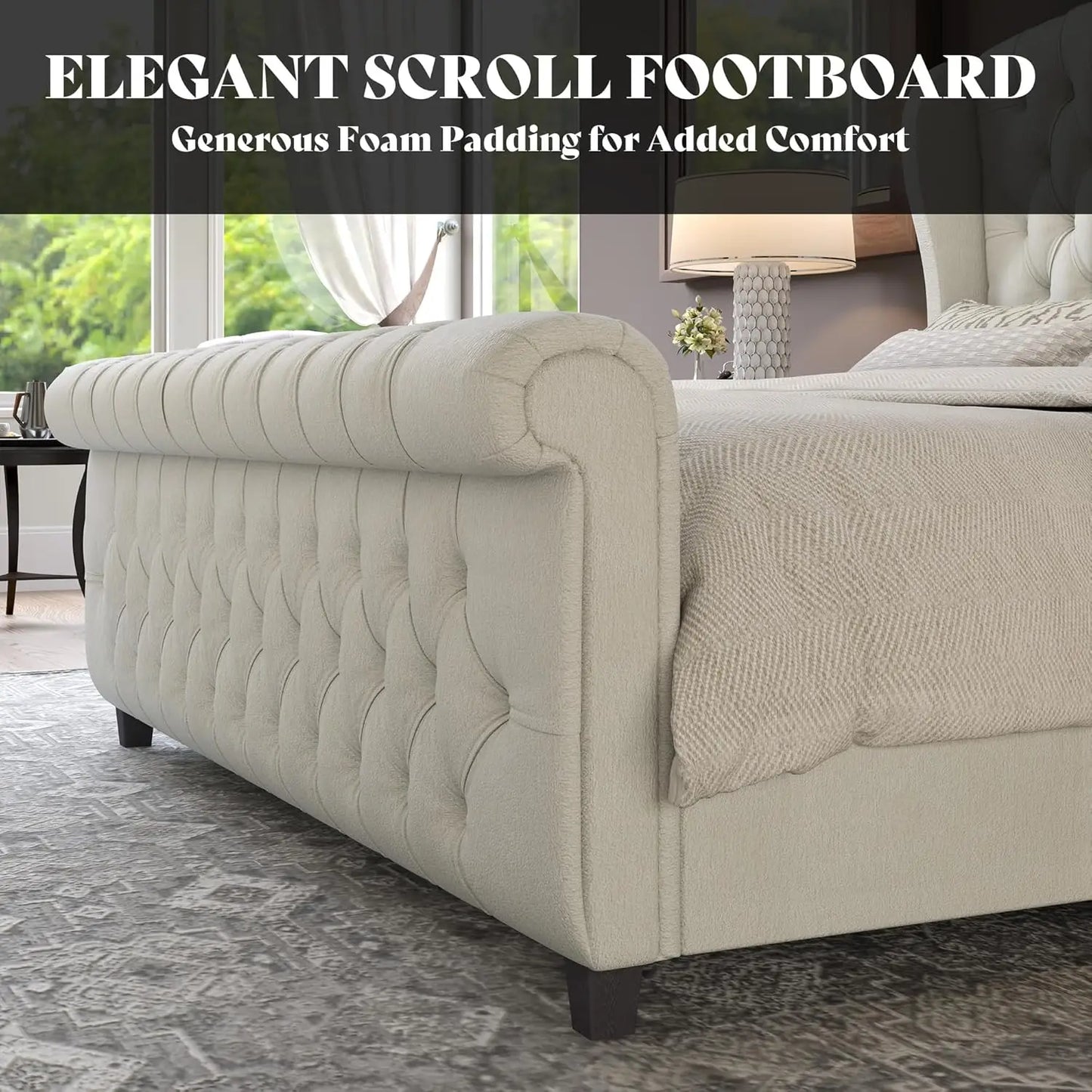 California King Size Platform Bed Frame, Velvet Upholstered Sleigh Bed with Scroll Wingback Headboard & Footboard/Button Tufted/