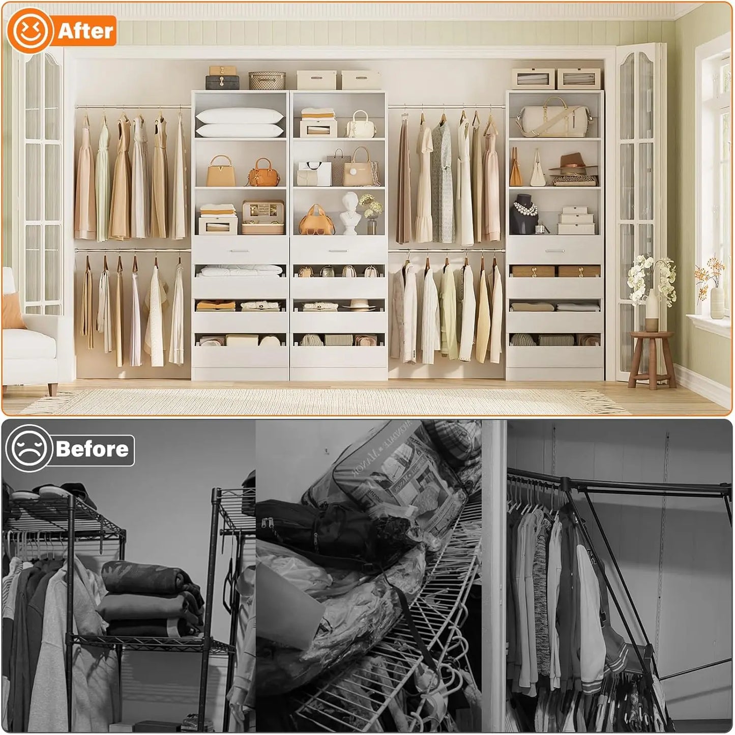 Wooden Closet Organizer System With 4 Rods And 12 Drawers
