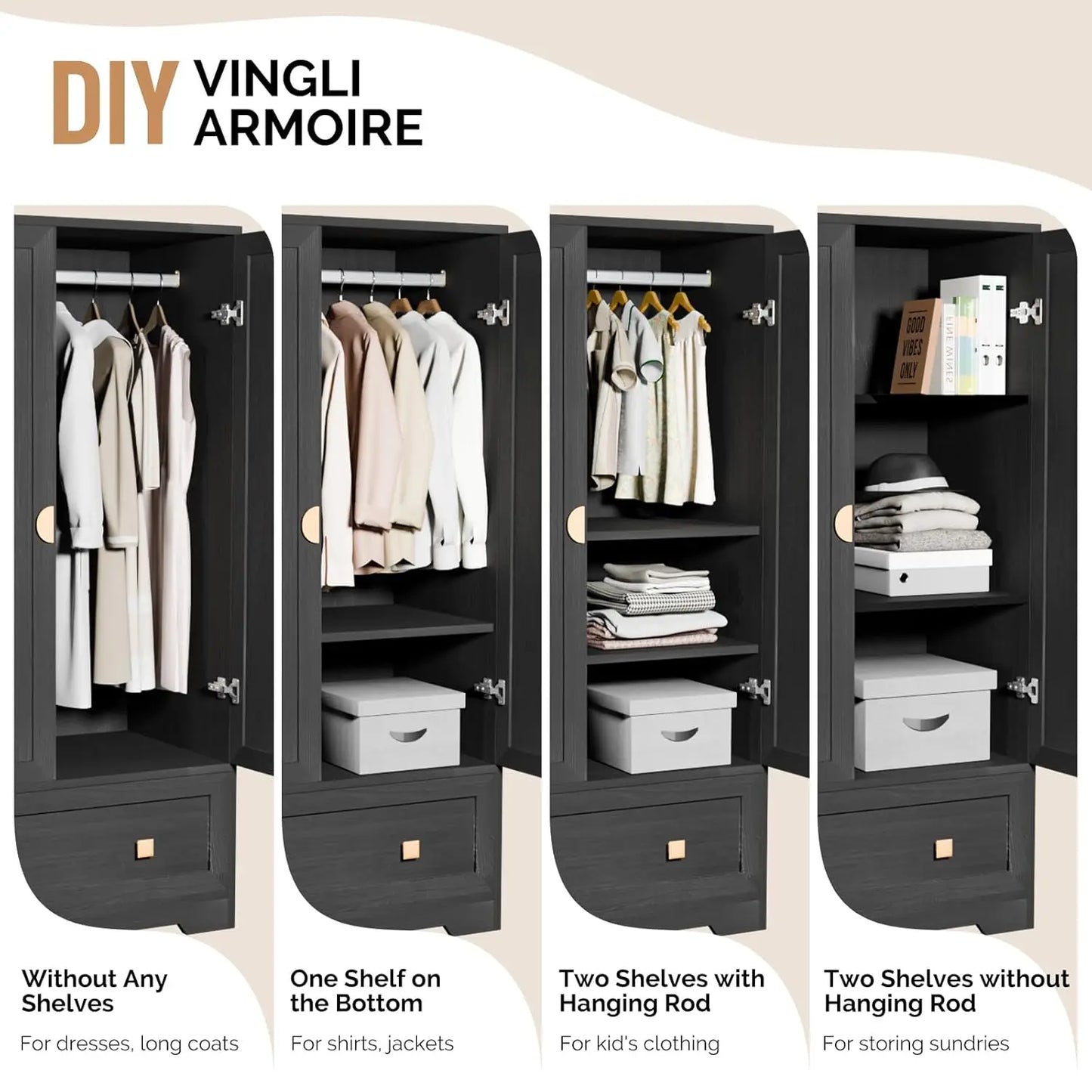 Wood Armoire Wardrobe Cabinet With Drawers And Hanging Rod