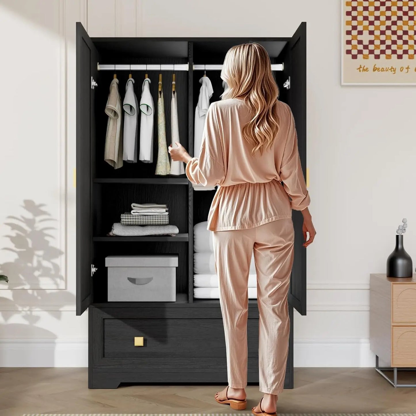 Wood Armoire Wardrobe Cabinet With Drawers And Hanging Rod