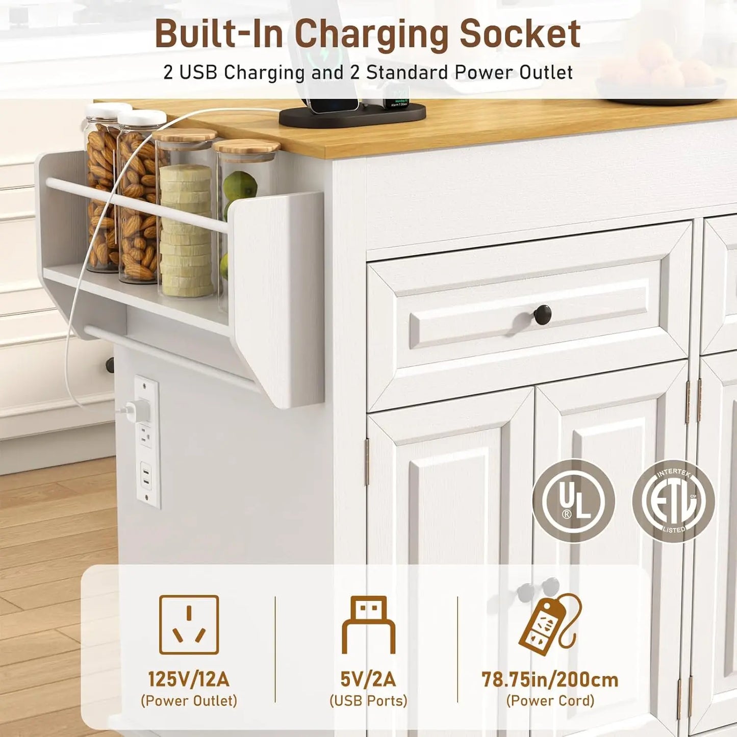 Extendable Kitchen Island With Power Outlet And Storage