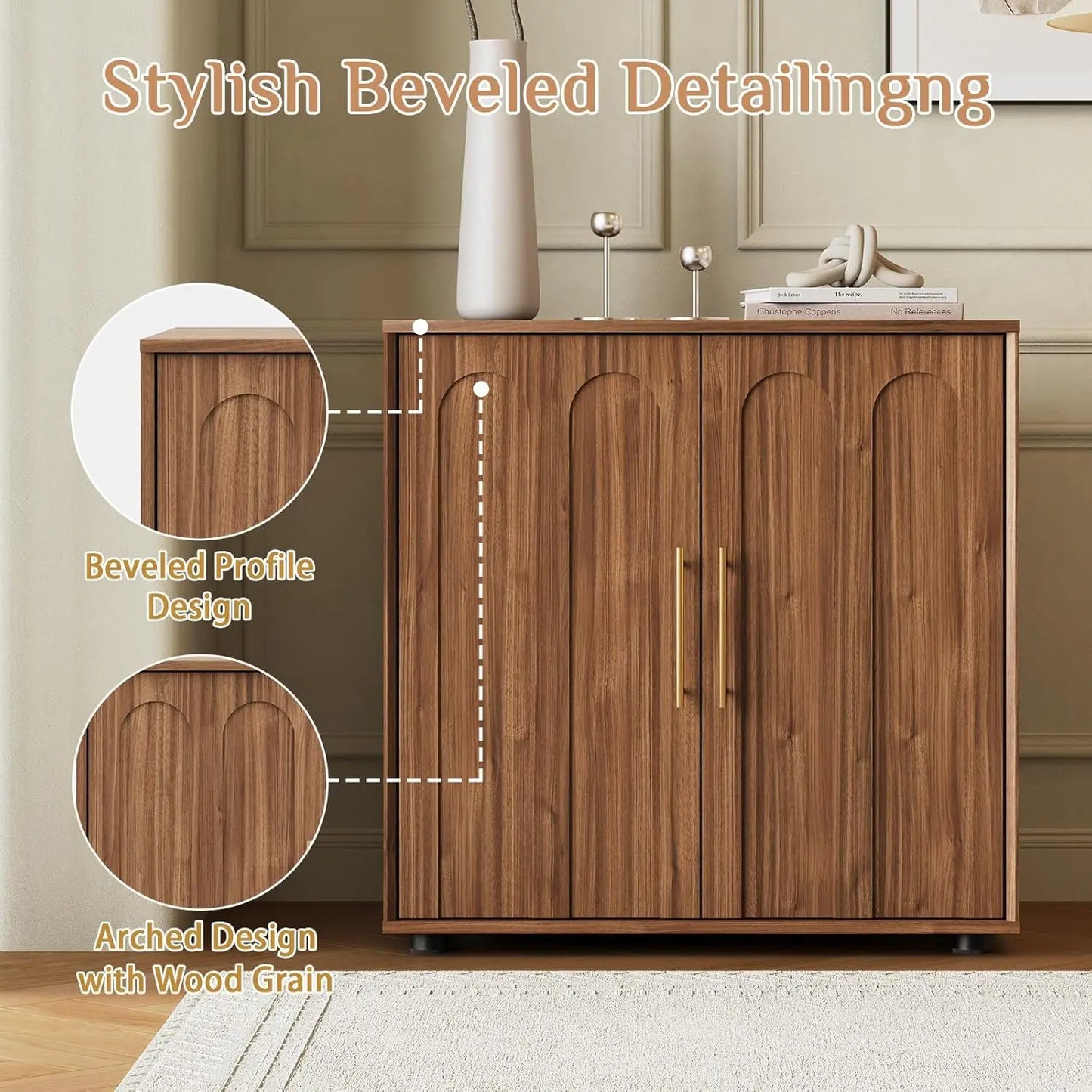 Mid Century Wood Sideboard Buffet Storage Credenza With Arched Doors