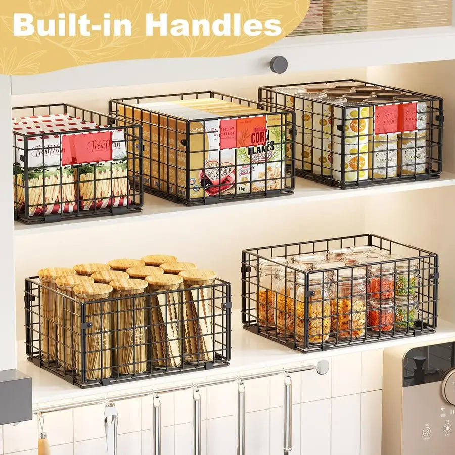 Metal Wire Basket Pantry Baskets Foldable Cabinet Organizers with Handles6 Pack12x9x6, Food Storage Freezer Organizer Bins for K