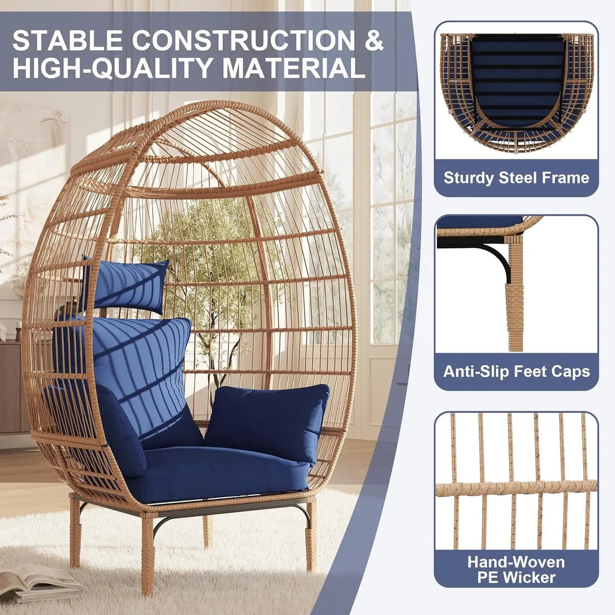 Egg Chair Wicker Outdoor Chair, Patio Chair Lounger Chair with 5 Cushion for Living Room, Bedroom, Patio Backyard Balcony The Pet & Home Store