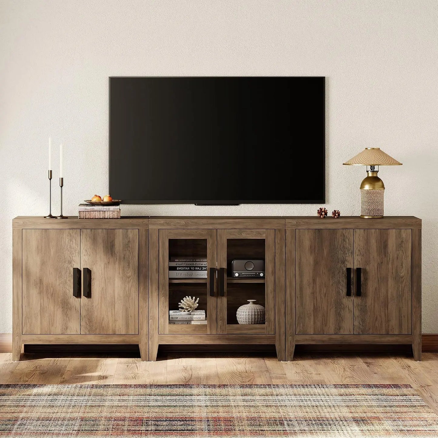 Farmhouse TV Stand for TVs up to 85 Inch, 3-Piece Modular Entertainment Center with Glass and Wood Doors, Media, Customized