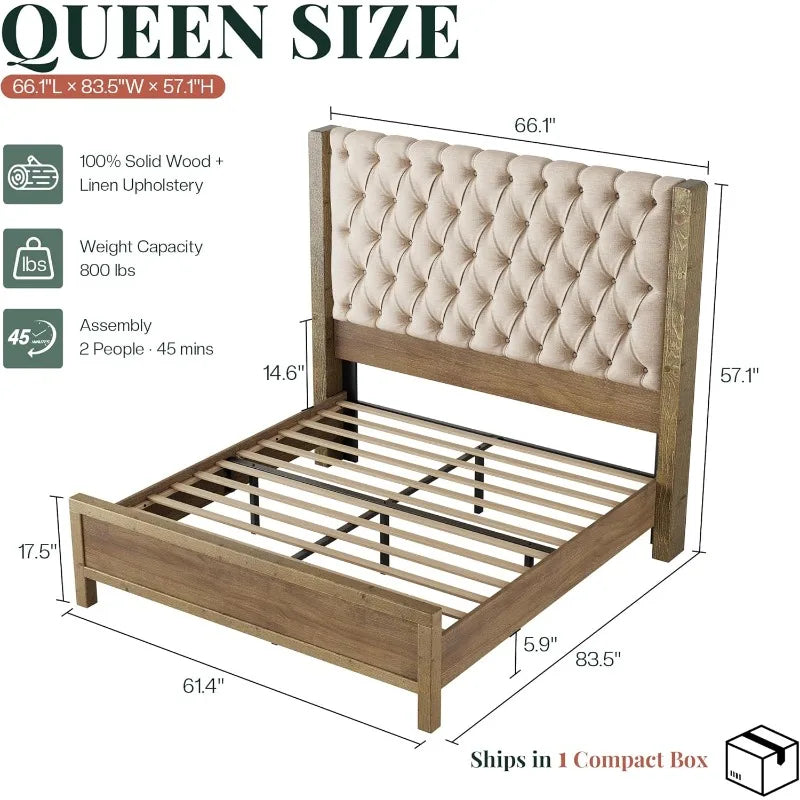 Solid Wood Bed Frame With Wingback Headboard For Modern Homes