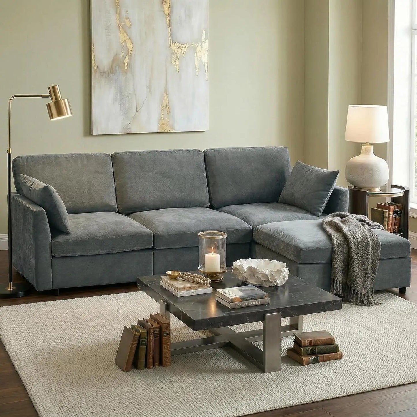 Sectional Couch for Living Room, Comfy L Shaped Convertible Sofa, 4 Seater Modern Chenille Sofa with Ottoman, Grey, Customized