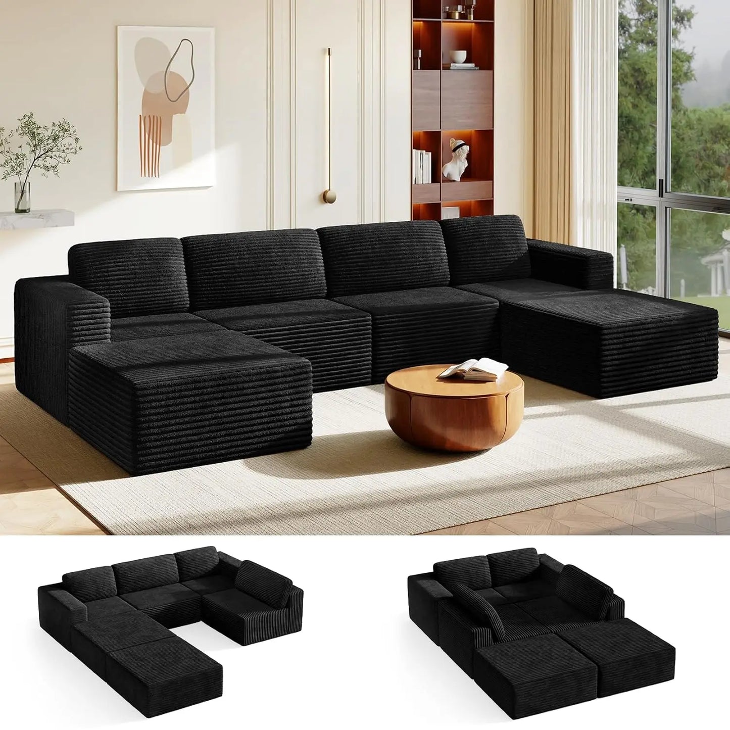 Corduroy L-Shape Modular Sofa With Movable Ottoman Sectional